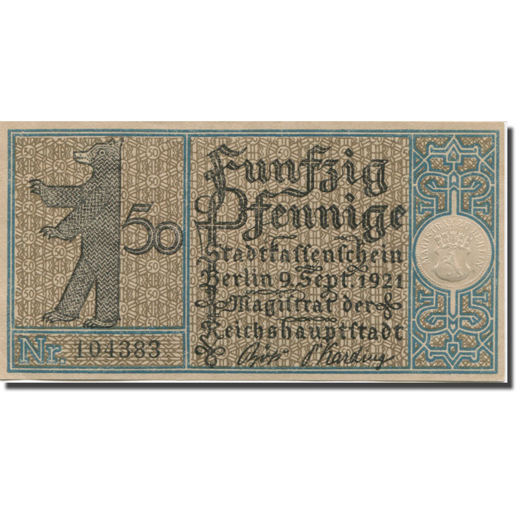 Banknote, Germany, Berlin, 50 Pfennig, voilier 1921-09-09, UNC(63) Mehl:92.1