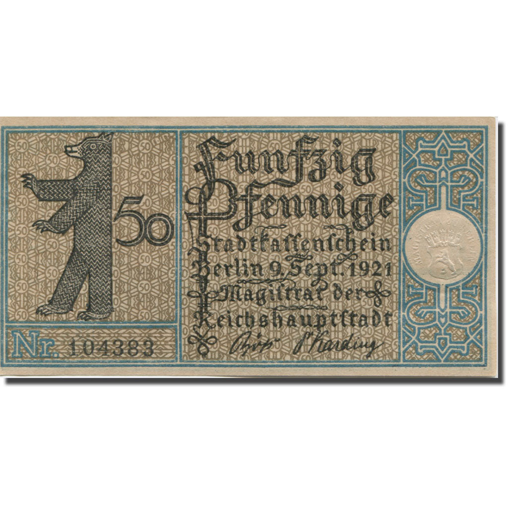 Banknote, Germany, Berlin, 50 Pfennig, personnage, 1921 UNC(63) Mehl:92.1