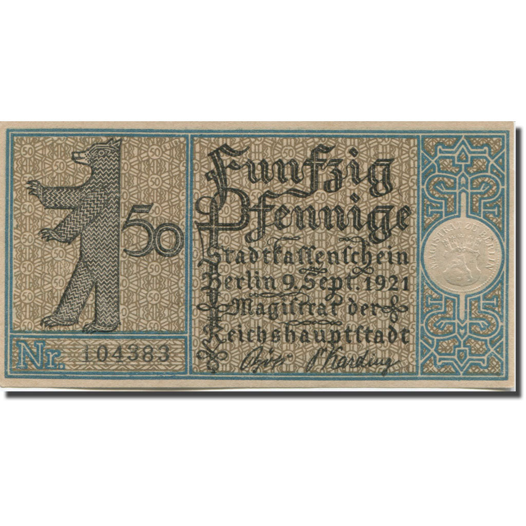 Banknote, Germany, Berlin, 50 Pfennig, ferme 1, 1921-09-09, UNC(63) Mehl:92.1