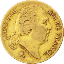 FRANCE, Louis XVIII, 20 Francs, 1824, Paris, KM #712.1, VF(30-35), Gold,...