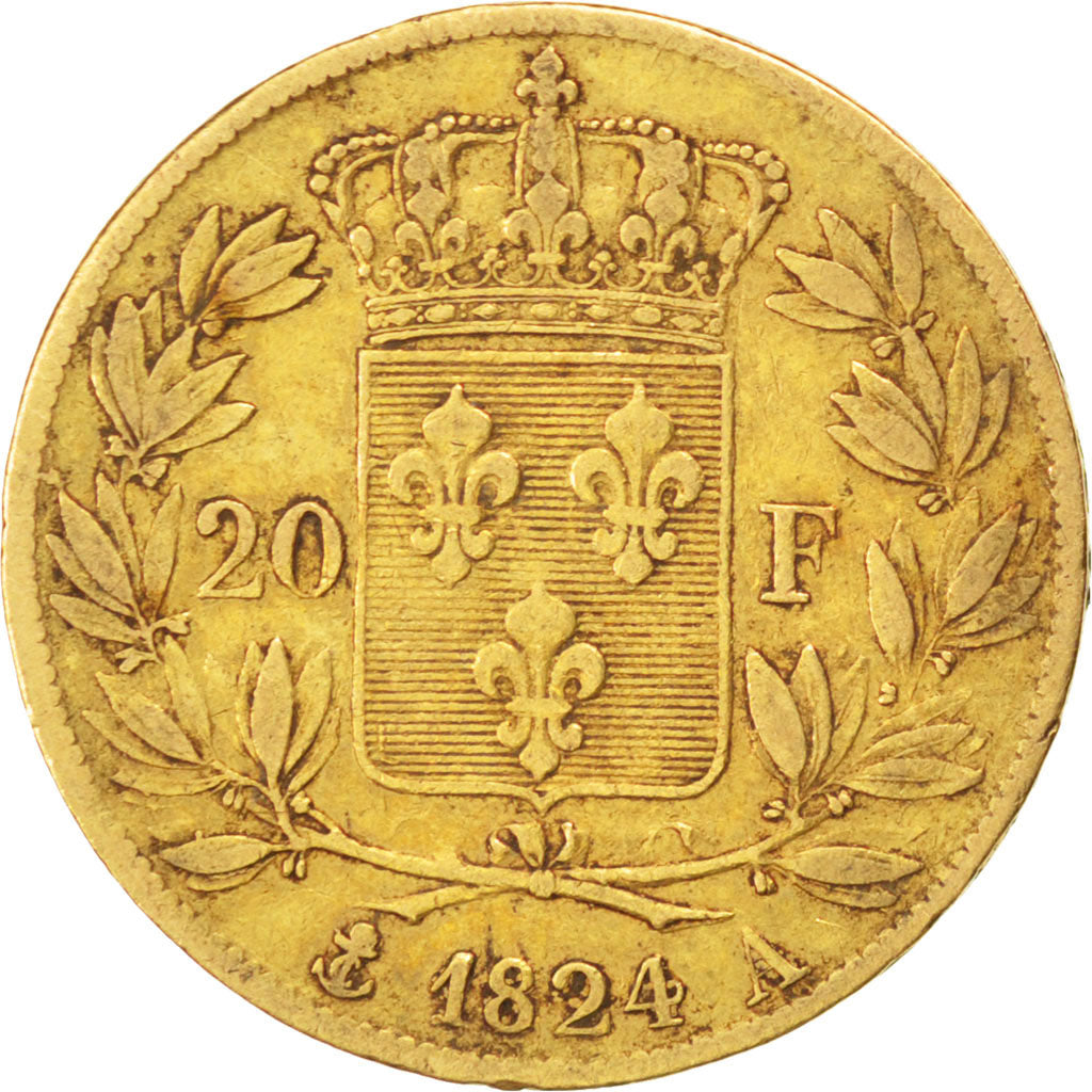 FRANCE, Louis XVIII, 20 Francs, 1824, Paris, KM #712.1, VF(30-35), Gold,...