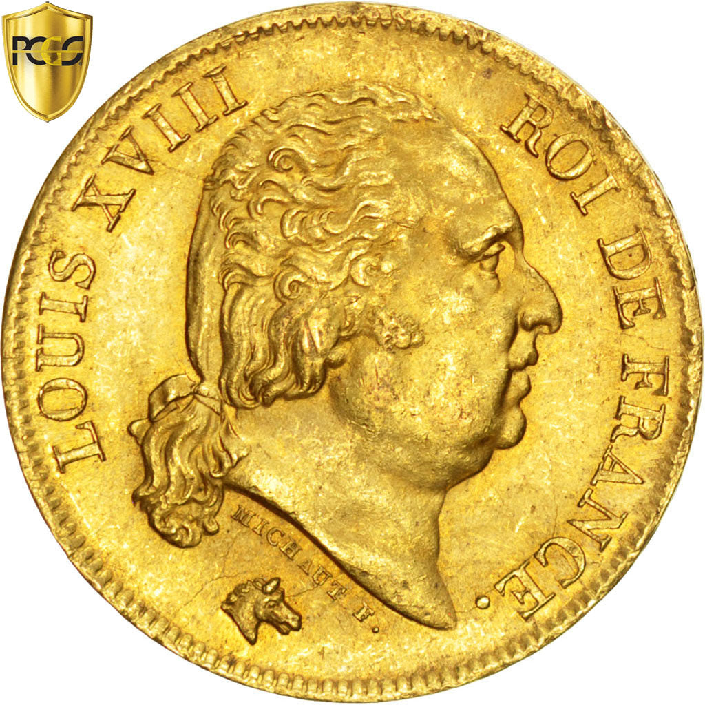 FRANCE, Louis XVIII, 40 Francs, 1818, Lille, Gold, PCGS MS64, KM 713.6
