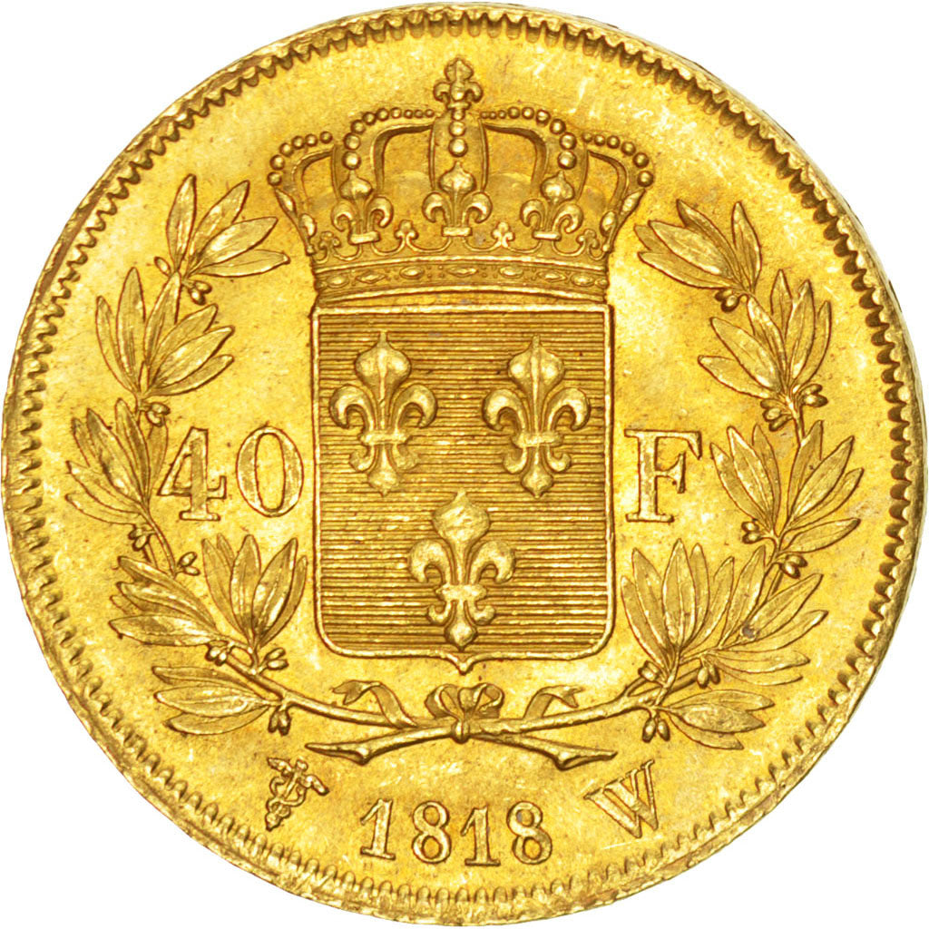 FRANCE, Louis XVIII, 40 Francs, 1818, Lille, Gold, PCGS MS64, KM 713.6