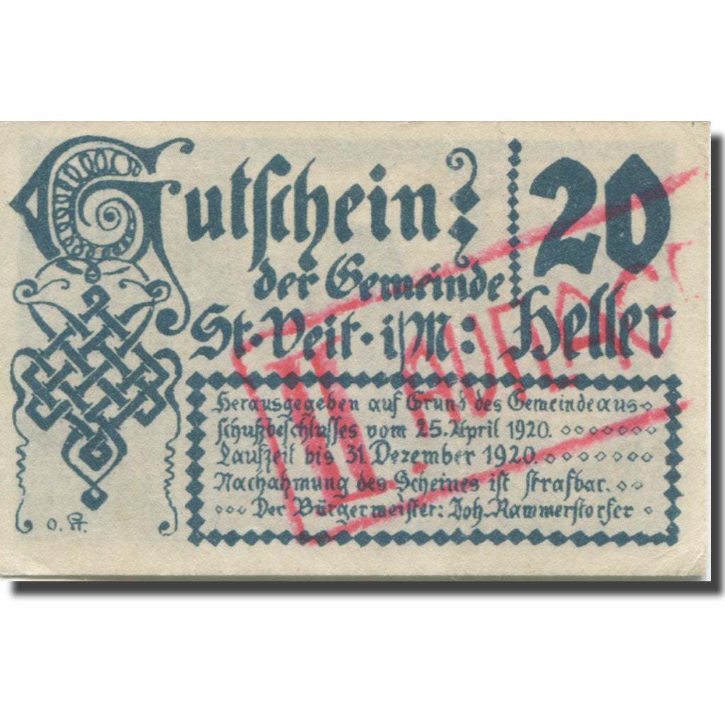 Banknote, Austria, St. Veit, 20 Heller, château, 1920 AU(50-53) Mehl:FS 944c