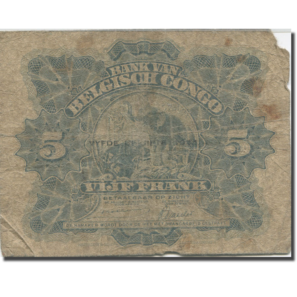 Banknote, Belgian Congo, 5 Francs, 1944, 1944-03-10, KM:13Ac, VG(8-10)
