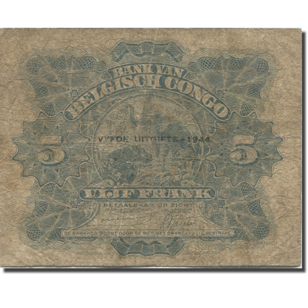 Banknote, Belgian Congo, 5 Francs, 1944, 1944-03-10, KM:13Ac, VG(8-10)