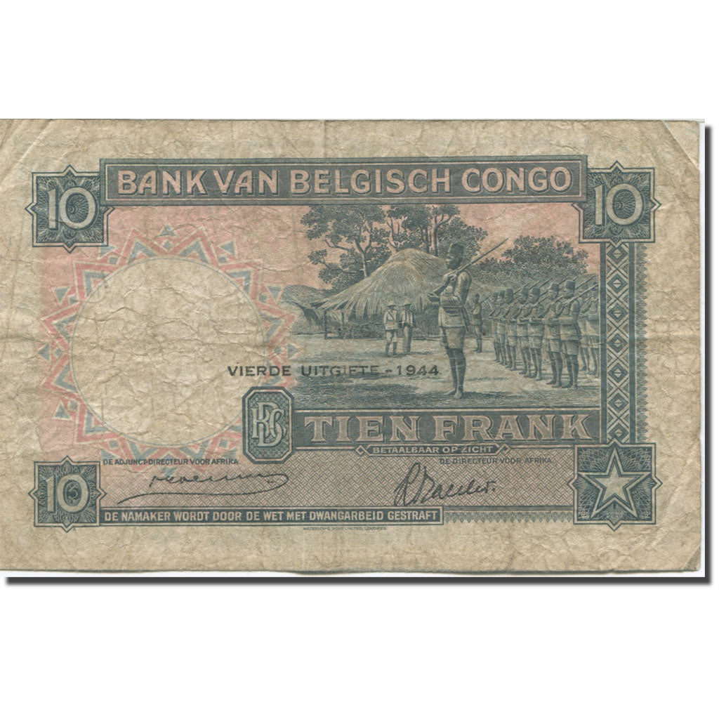 Banknote, Belgian Congo, 10 Francs, 1944, 1944-06-10, KM:14d, VF(20-25)