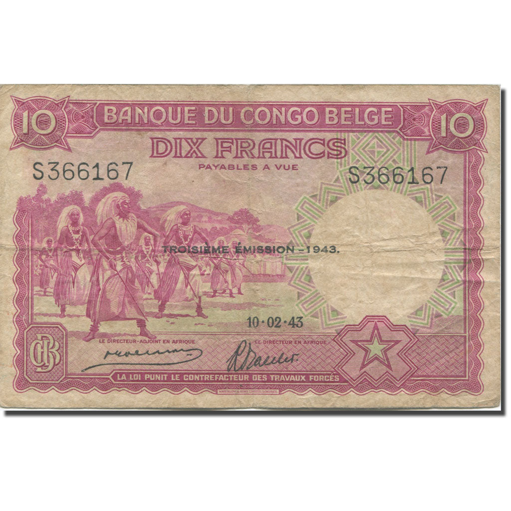 Banknote, Belgian Congo, 10 Francs, 1943, 1943-02-10, KM:14c, VF(20-25)