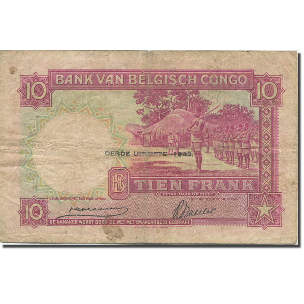 Banknote, Belgian Congo, 10 Francs, 1943, 1943-02-10, KM:14c, VF(20-25)