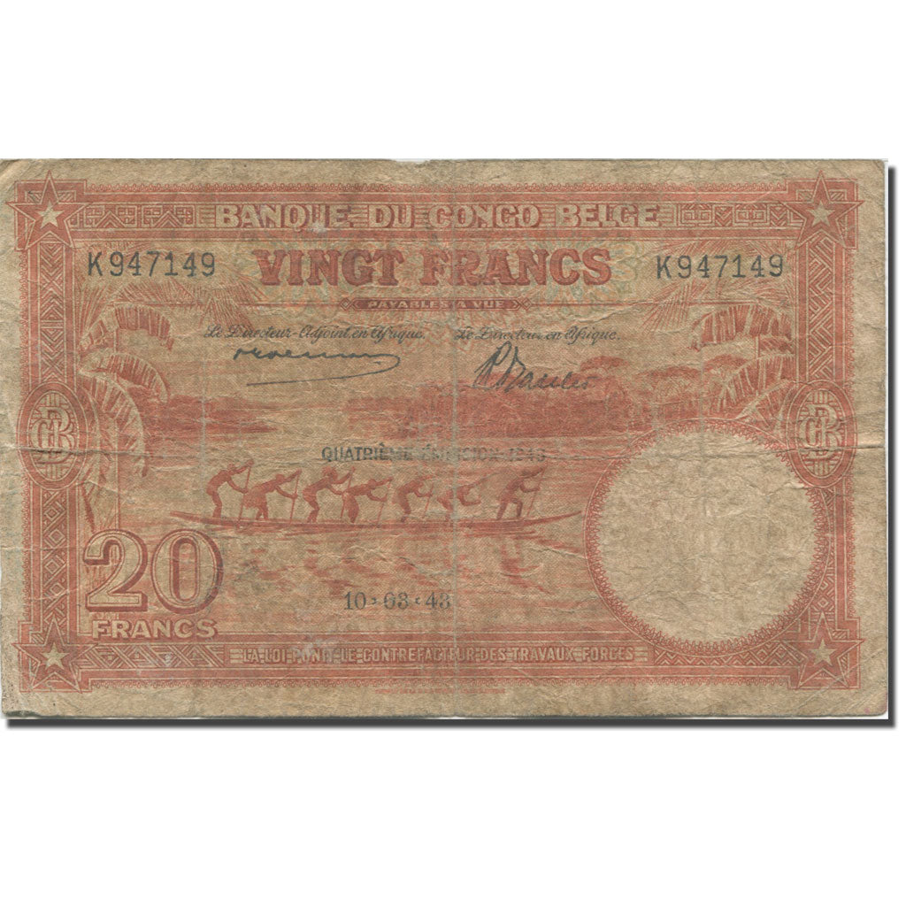 Banknote, Belgian Congo, 20 Francs, 1943, 1943-03-10, KM:15C, VG(8-10)