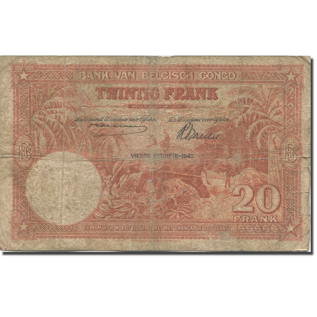 Banknote, Belgian Congo, 20 Francs, 1943, 1943-03-10, KM:15C, VG(8-10)