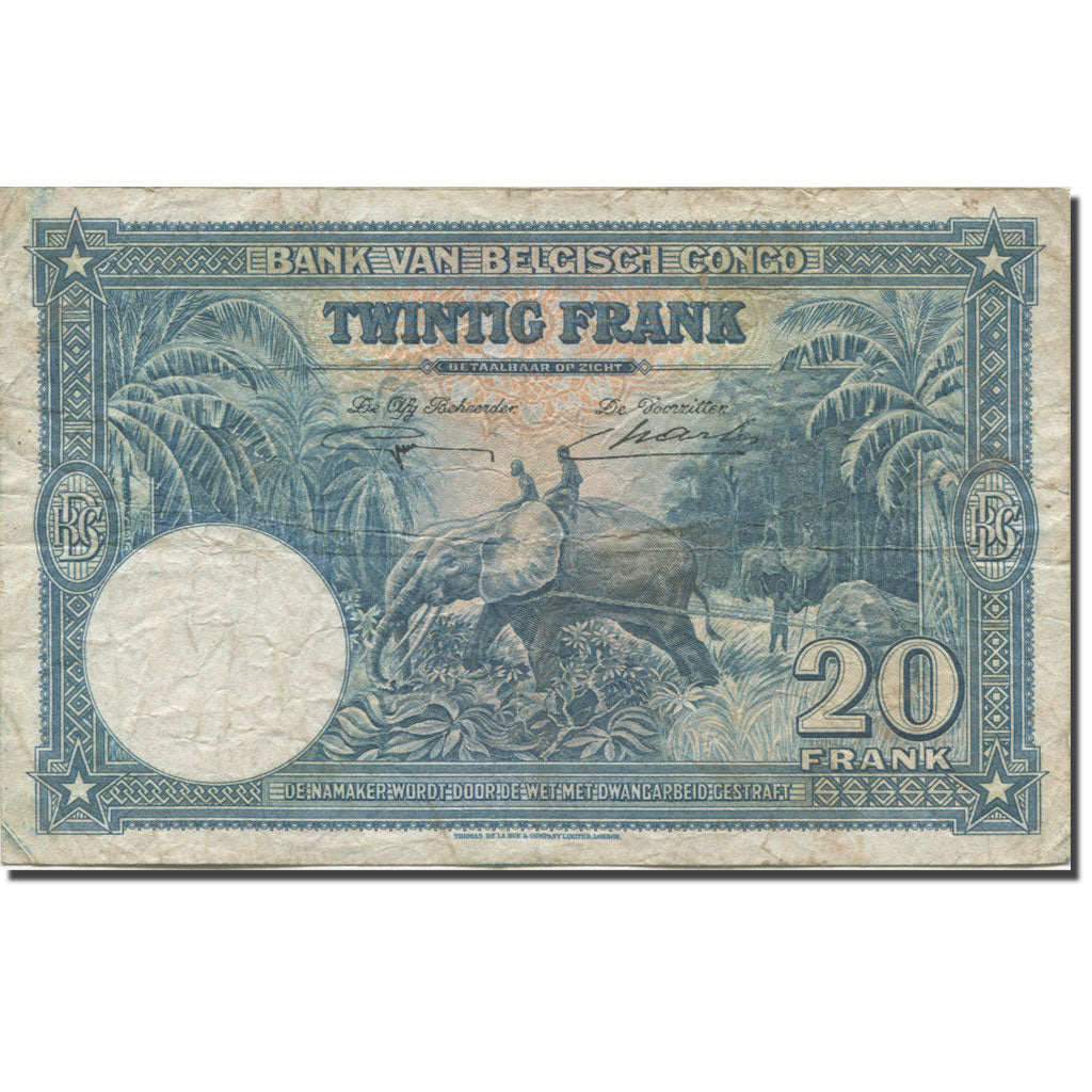 Banknote, Belgian Congo, 20 Francs, 1946, 1946-04-10, KM:15e, VF(20-25)