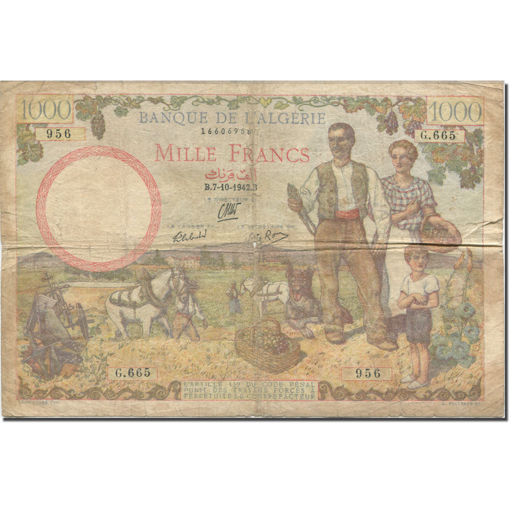 Banknote, Algeria, 1000 Francs, 1942, 1942-10-07, KM:89, VG(8-10)