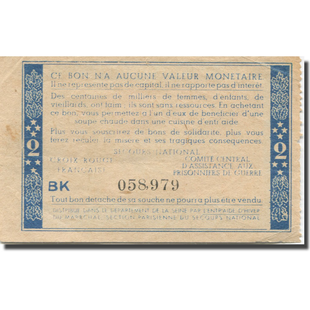 France, 2 Francs, 1944, Bon de solidarité, AU(50-53)