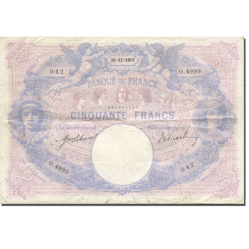 France, 50 Francs, Bleu et Rose, 1913, 1913-12-26, VF(30-35), KM:64e