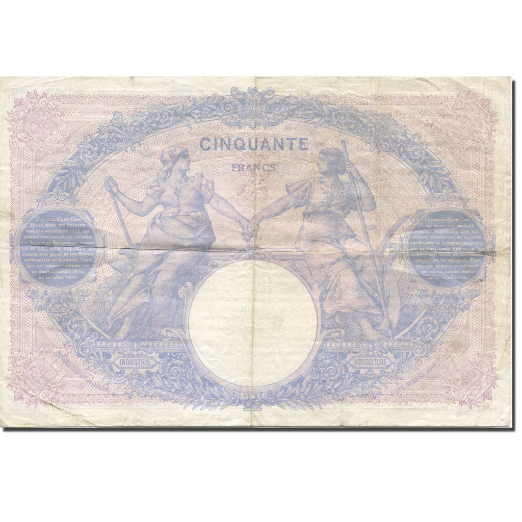 France, 50 Francs, Bleu et Rose, 1913, 1913-12-26, VF(30-35), KM:64e