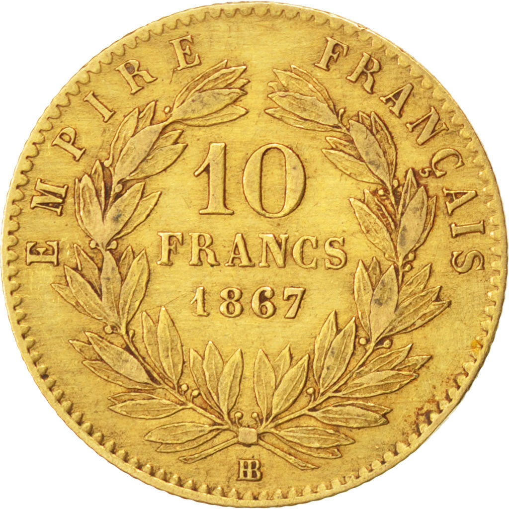 FRANCE, Napoléon III, 10 Francs, 1867, Strasbourg, KM #800.2, EF(40-45), Gold, G