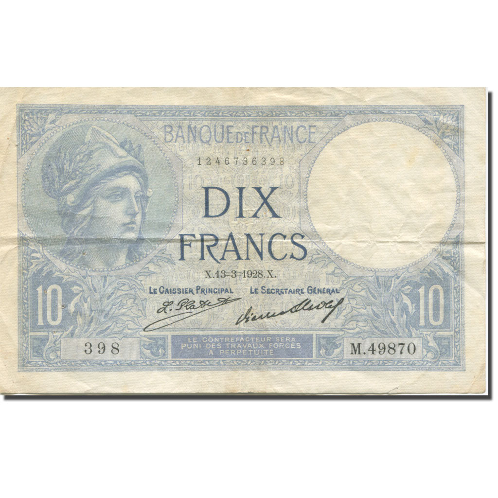 France, 10 Francs, Minerve, 1928, 1928-03-13, EF(40-45), Fayette:F6.13, KM:73d