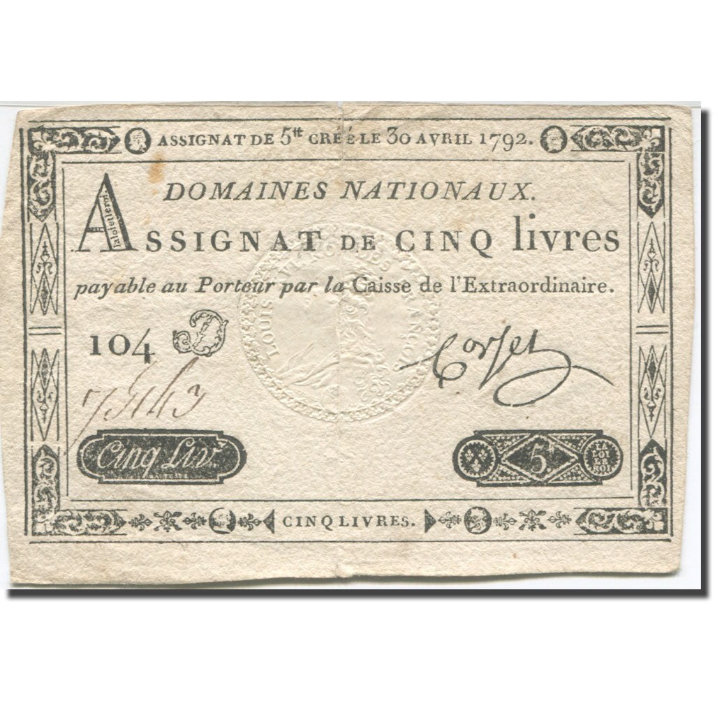 France, 5 Livres, 1792, Corsel, 1792-04-30, VF(30-35), KM:A57