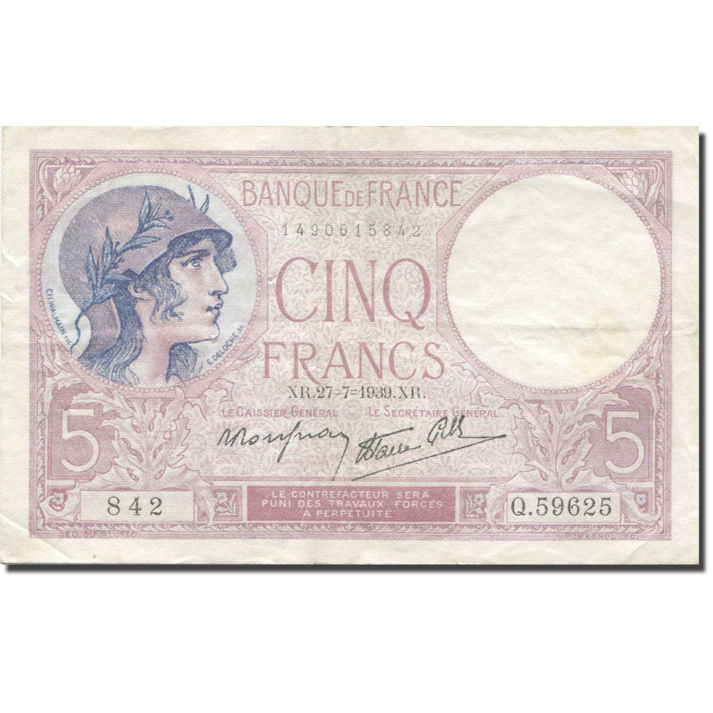 Frankrijk, 5 Francs, Violet, 1917-1940, 1939-07-27, TTB, Fayette:4.3, KM:83