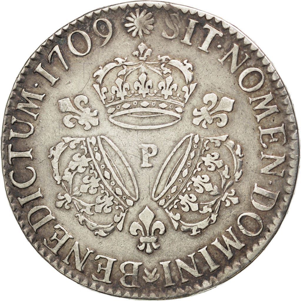 FRANCE, Écu aux 3 couronnes, ECU, 1709, Dijon, KM #386.14, VF(20-25), Silver, ..