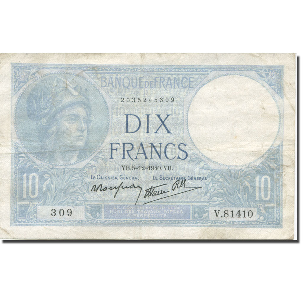 France, 10 Francs, Minerve, 1940, 1940-12-05, TB+, KM:84