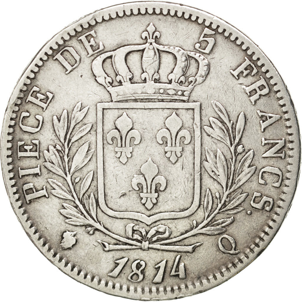 FRANCE, Louis XVIII, 5 Francs, 1814, Perpignan, KM #702.11, VF(20-25), Silver,..
