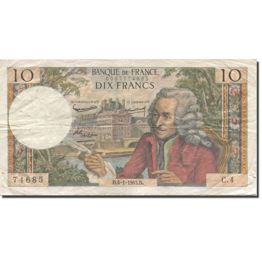 França, 10 Francs, Voltaire, 1963, 1963-01-04, VF(20-25), Fayette:62.1, KM:147a