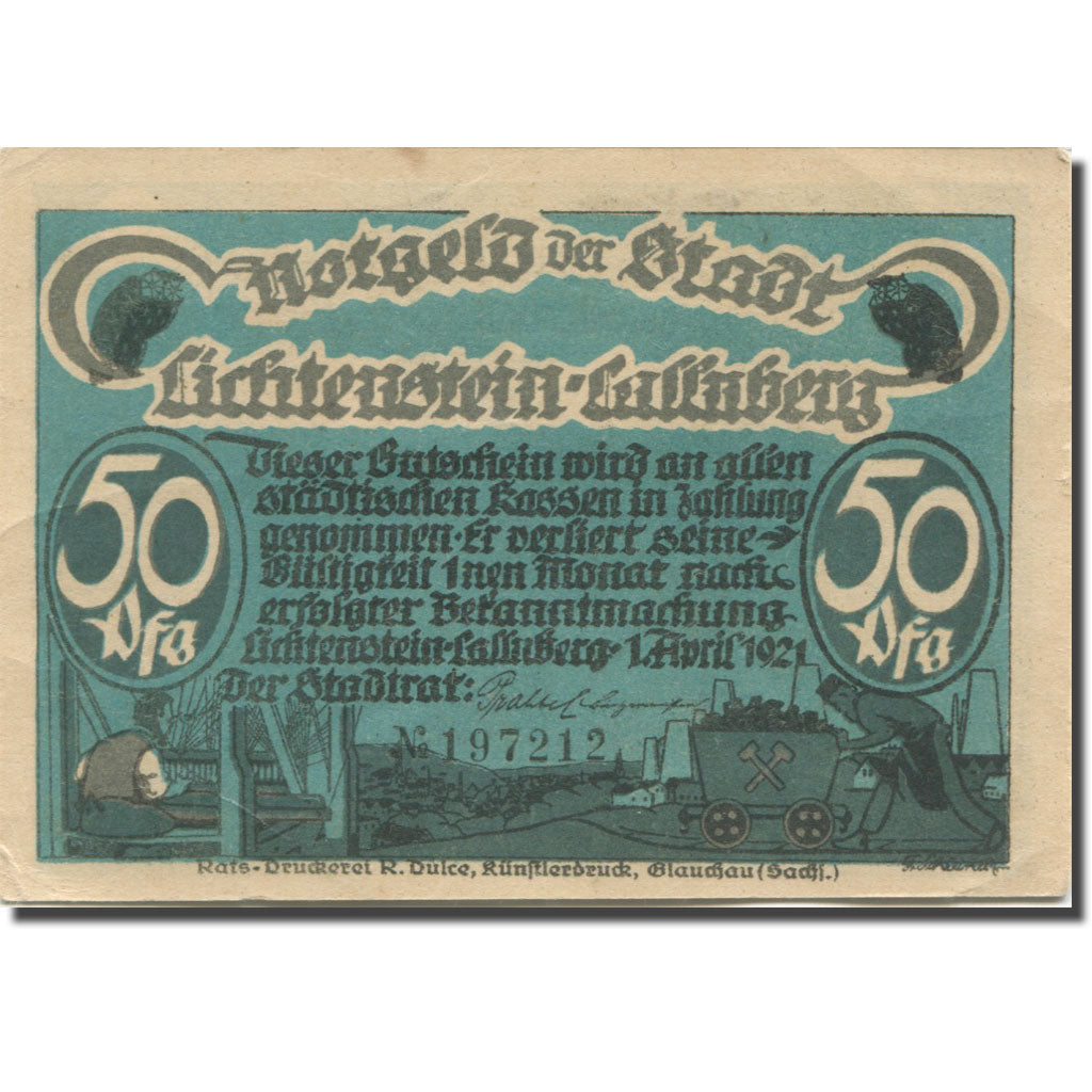 Banknote, Germany, Lichtenstein, 50 Pfennig, Mine, 1921 AU(55-58) Mehl:798.1a