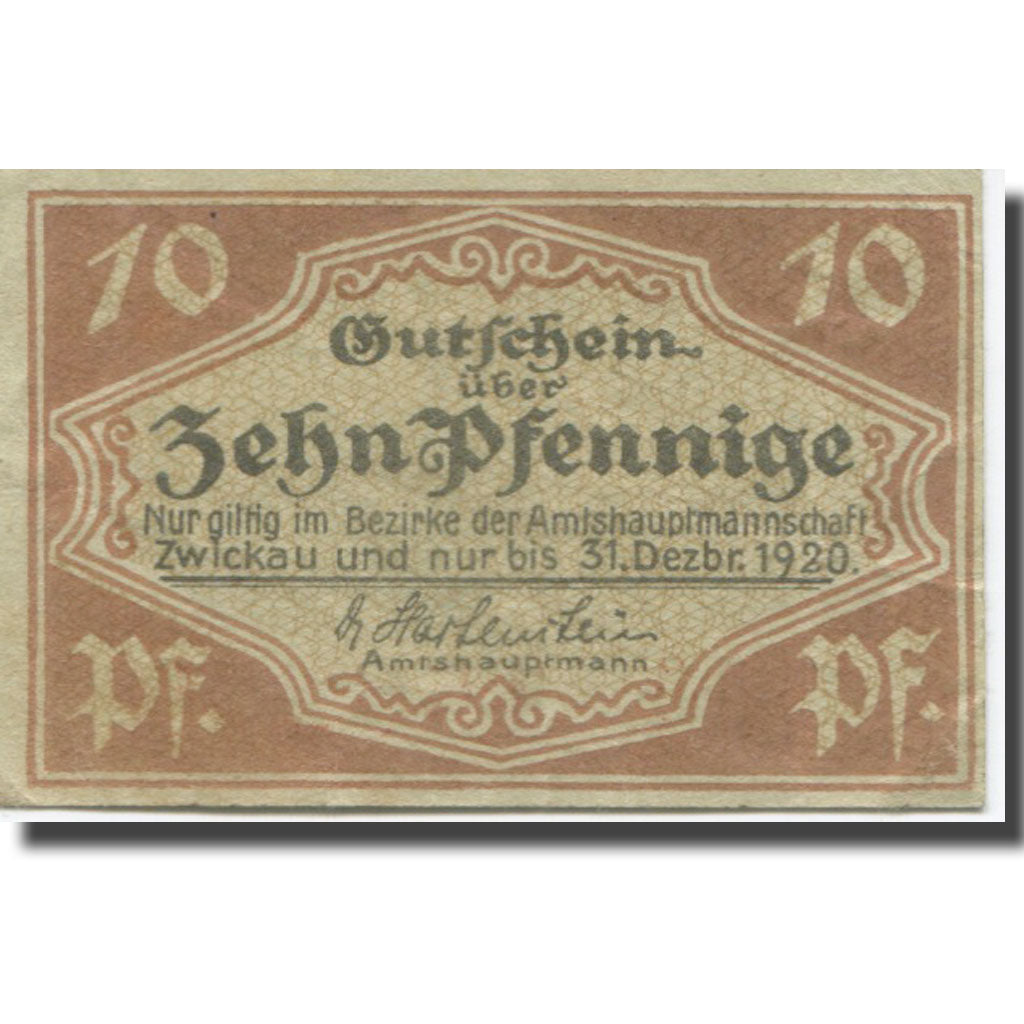 Billete, Alemania, Zwickau, 10 Pfennig, Usine 1920-06-30, EBC Mehl:Z22.3c