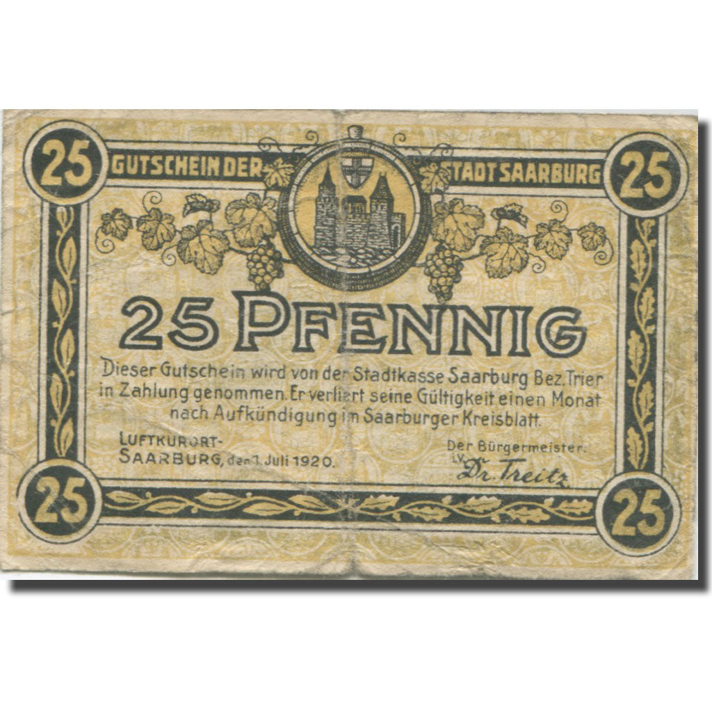 Billet, Allemagne, Saarburg, 25 Pfennig, château 1920-07-01, TB Mehl:54.1b