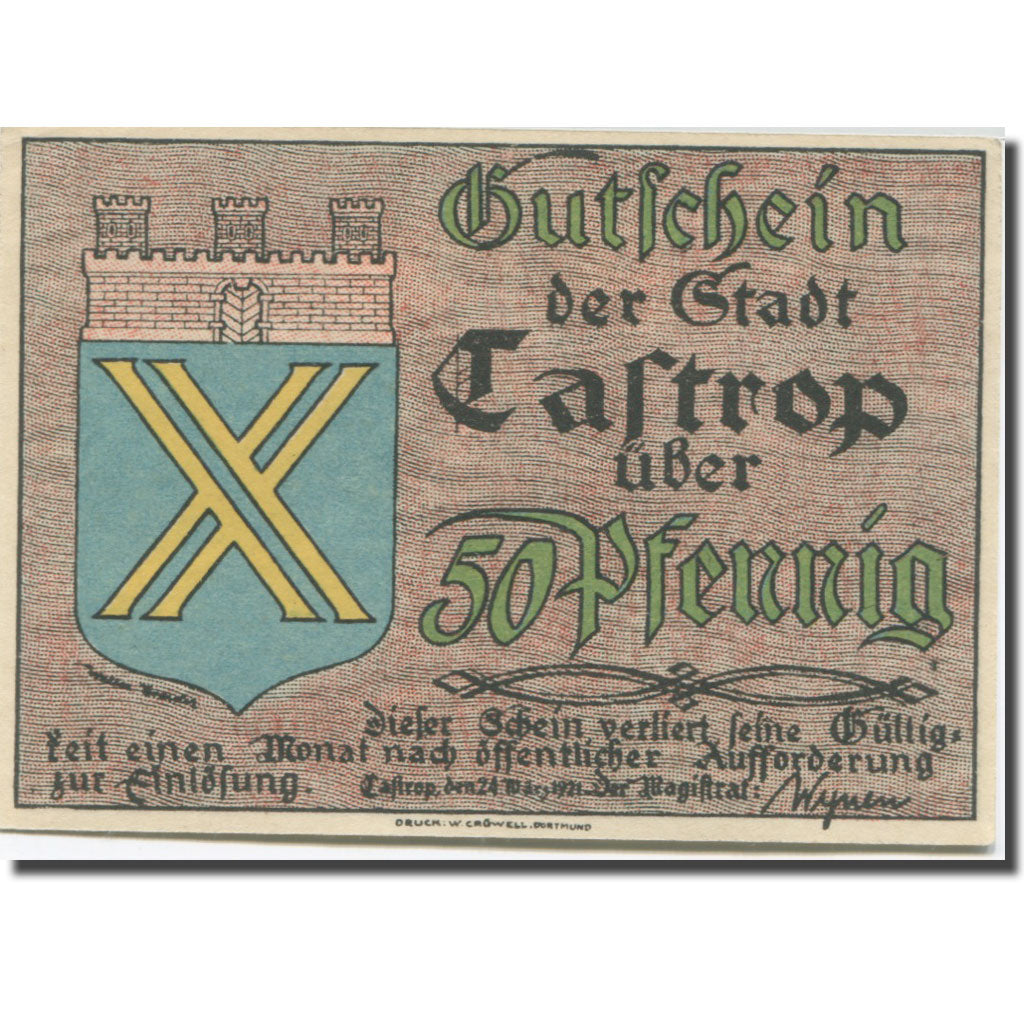 Banconote, Germania, Castrop, 50 Pfennig, Blason 1921-03-24, SPL Mehl:223.1