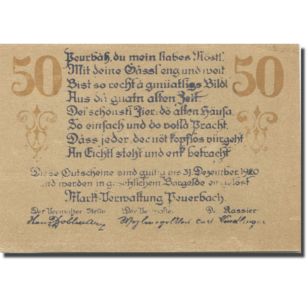 Banknote, Austria, Peuerbach, 50 Heller, Monument, 1920 AU(55-58) Mehl:FS 742Ia