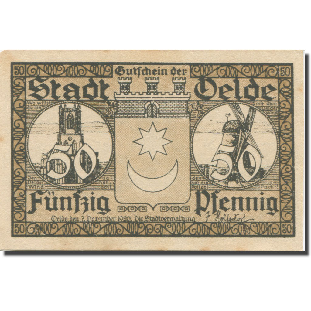 Geldschein, Deutschland, Oelde, 50 Pfennig, Blason 1920-12-07, VZ Mehl:1007.1