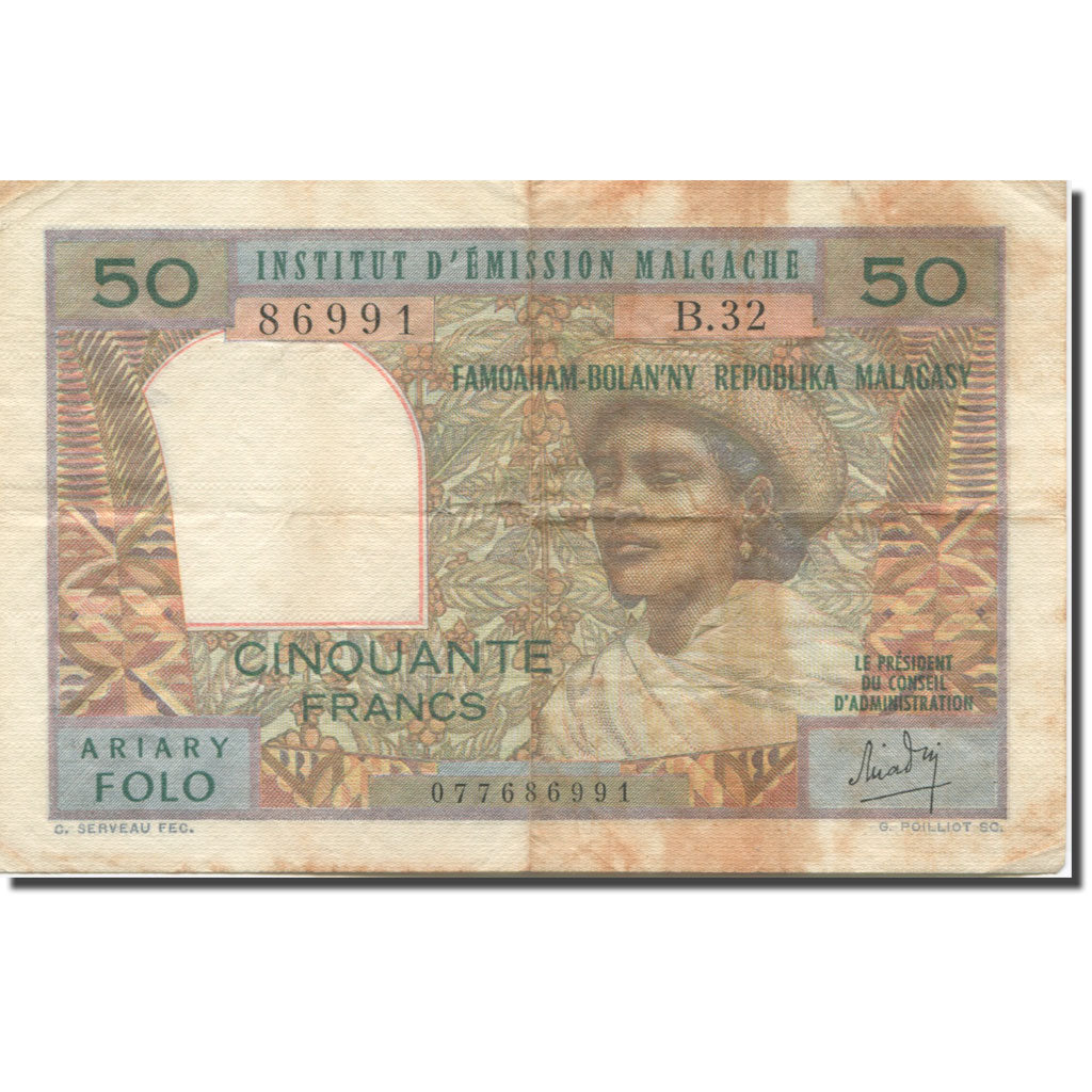 Banknote, Madagascar, 50 Francs = 10 Ariary, KM:61, VF(20-25)