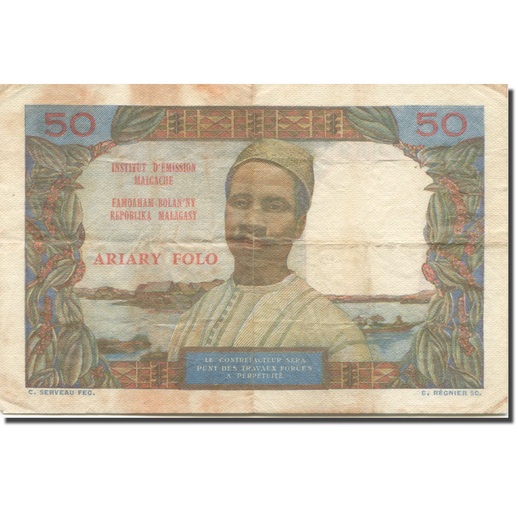 Banknote, Madagascar, 50 Francs = 10 Ariary, KM:61, VF(20-25)