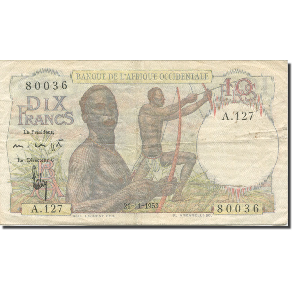 Billete, 10 Francs, 1953, África oriental francesa, 1953-11-21, KM:37, BC+