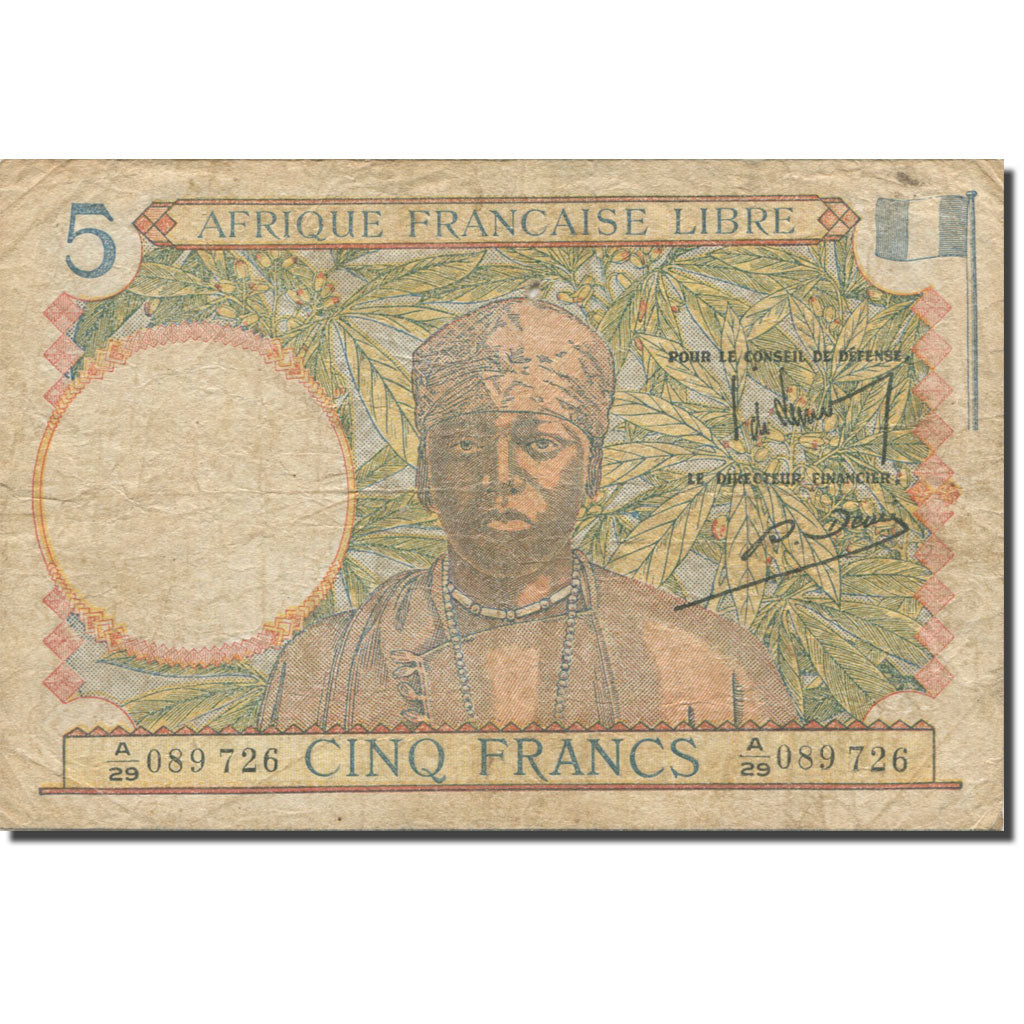 Banknote, French Equatorial Africa, 5 Francs, KM:6a, VG(8-10)