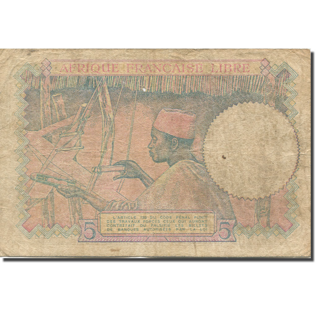 Banknote, French Equatorial Africa, 5 Francs, KM:6a, VG(8-10)