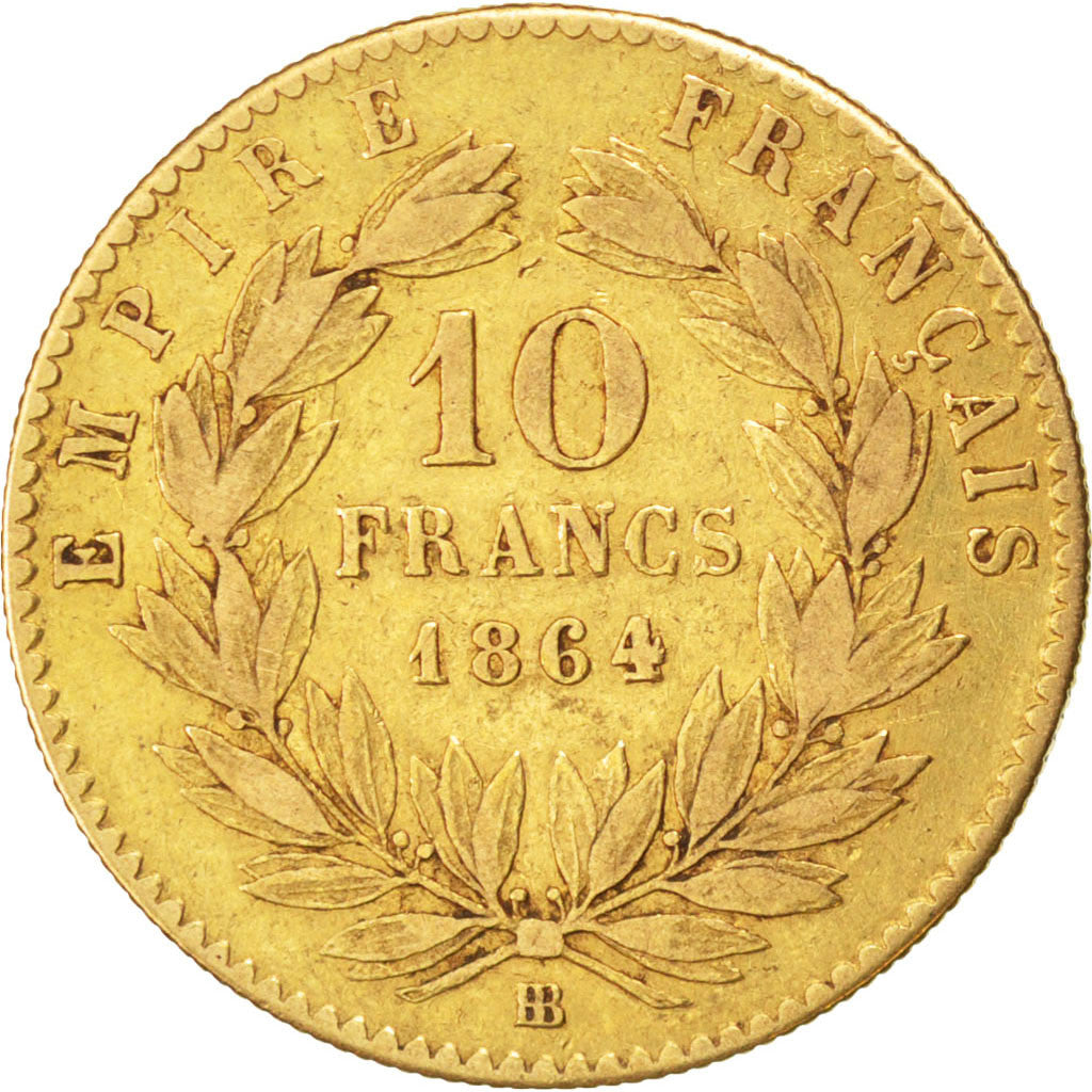 FRANCE, Napoléon III, 10 Francs, 1864, Strasbourg, KM #800.2, VF(30-35), Gold, G