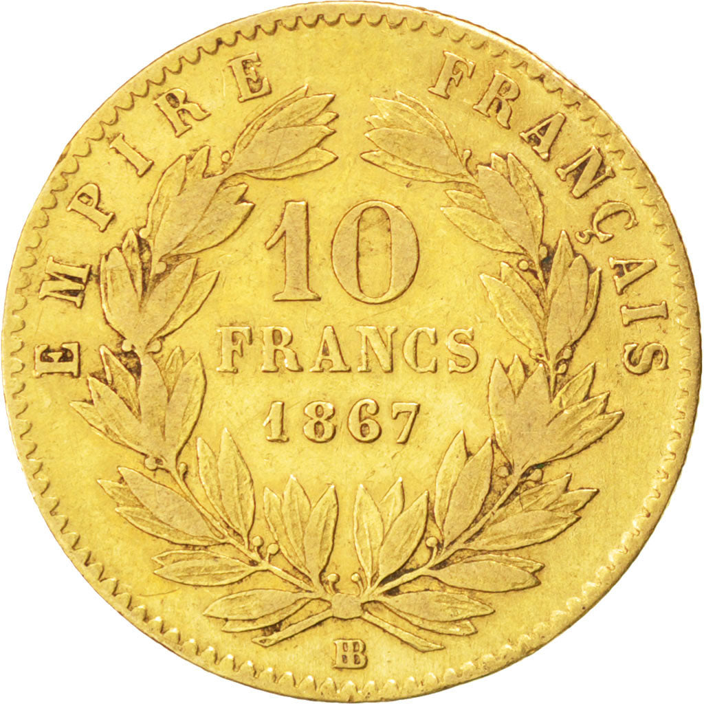 FRANCE, Napoléon III, 10 Francs, 1867, Strasbourg, KM #800.2, EF(40-45), Gold, G
