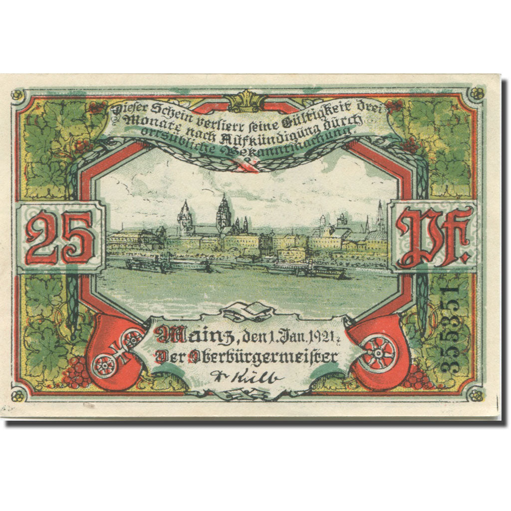 Banknote, Germany, Mainz, 25 Pfennig, fleuve, 1921 UNC(63) Mehl:860.1a