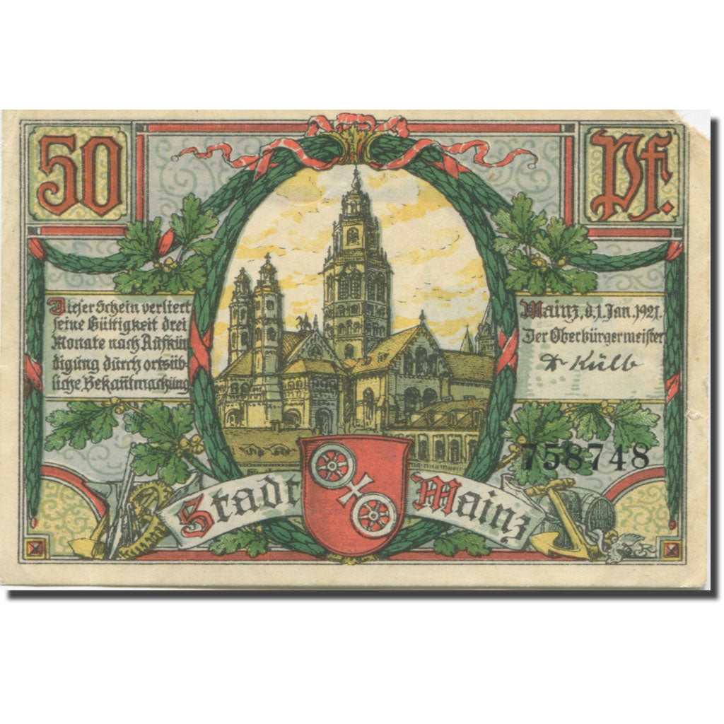 Banknote, Germany, Mainz, 50 Pfennig, Monument, 1921 EF(40-45) Mehl:860.1a