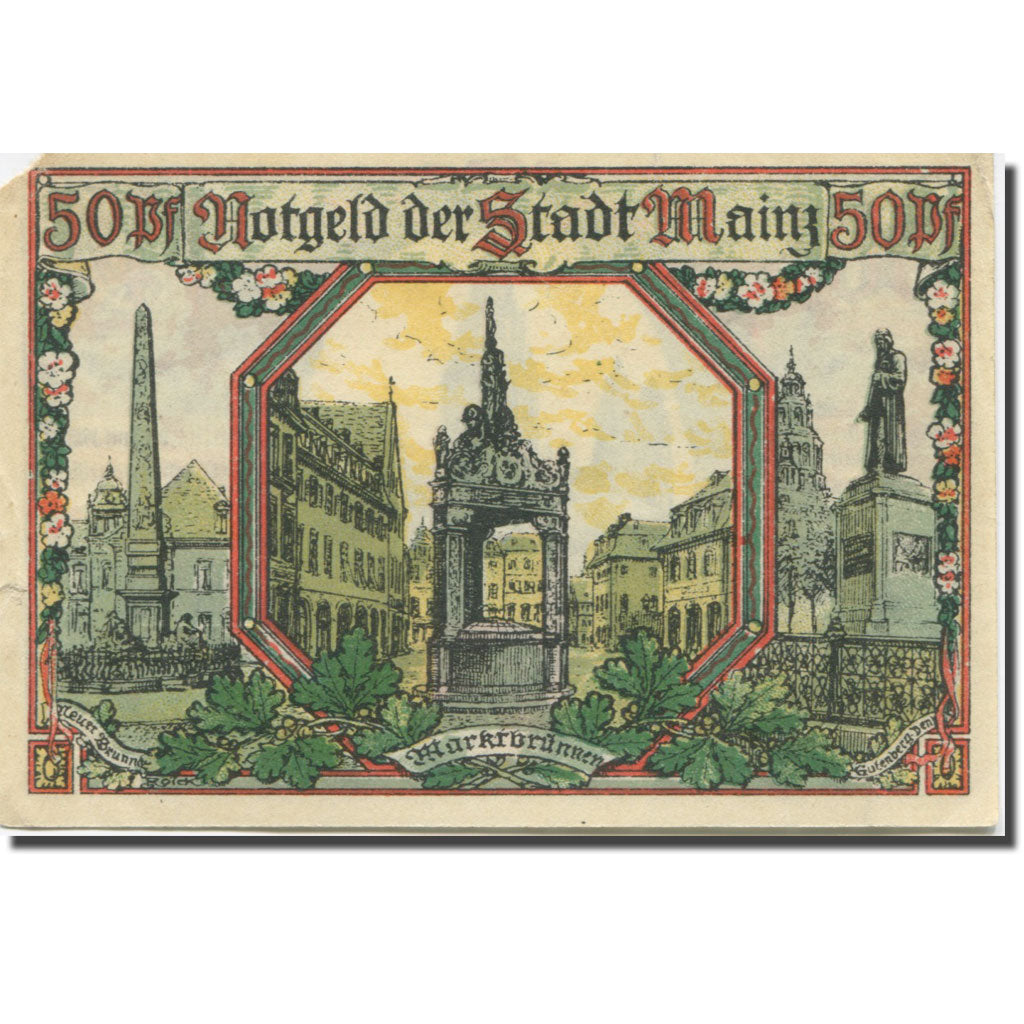 Banknote, Germany, Mainz, 50 Pfennig, Monument, 1921 EF(40-45) Mehl:860.1a