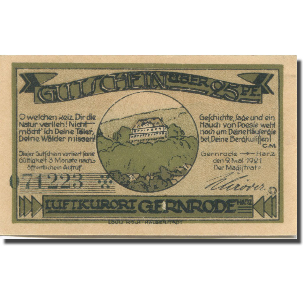 Banknote Germany Gernrode-Harz, 25 Pfennig, château, 1921 UNC(63) Mehl:FS 423.2a
