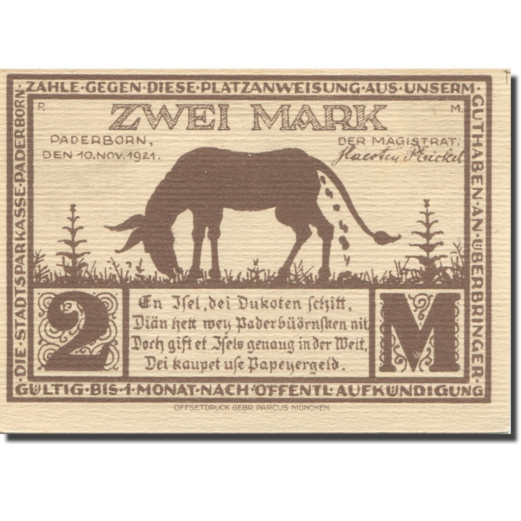 Banknote, Germany, Paderborn, 2 Mark, âne, 1921, 1921-11-10, UNC(63) Mehl:1043.5