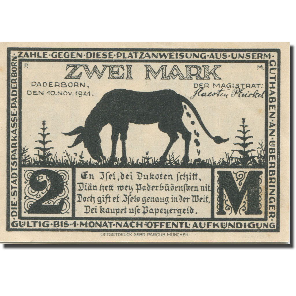 Banknote, Germany, Paderborn, 2 Mark, âne, 1921, 1921-11-10, UNC(63) Mehl:1043.4