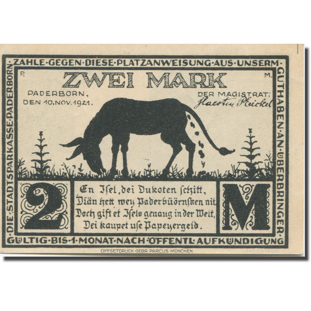 Banknote, Germany, Paderborn, 2 Mark, ferme 1921-11-10, UNC(63) Mehl:1043.4