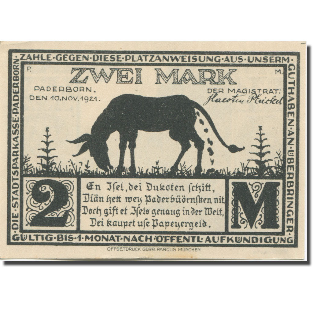 Banknote, Germany, Paderborn, 2 Mark, rue 1921-11-10, UNC(63) Mehl:1043.4