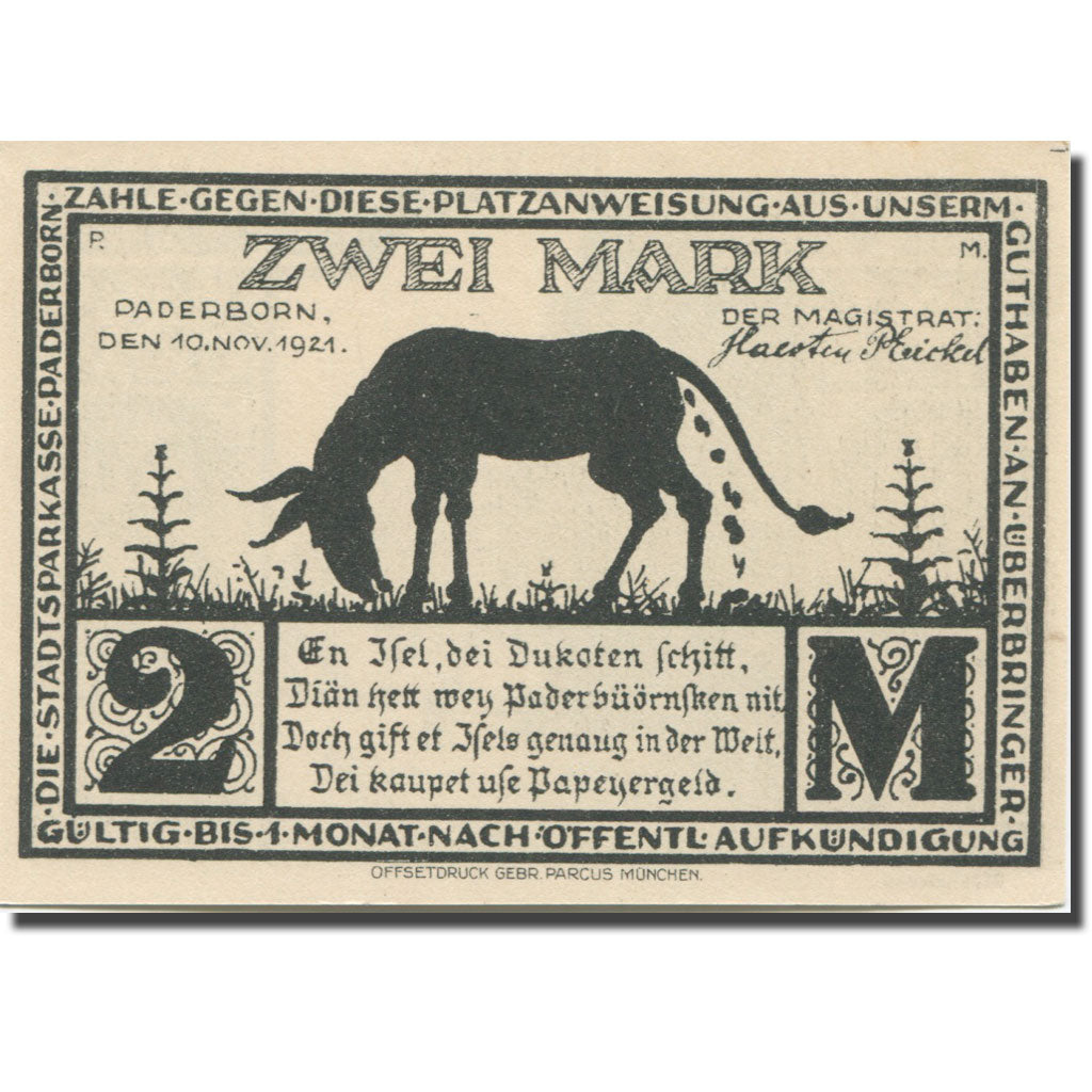 Banknote, Germany, Paderborn, 2 Mark, personnage 1921-11-10, UNC(63) Mehl:1043.4